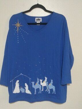 Metropolitan Blue Nativity Scene Embellished V-Neck Top Women’s XL 3/4 Sleeve